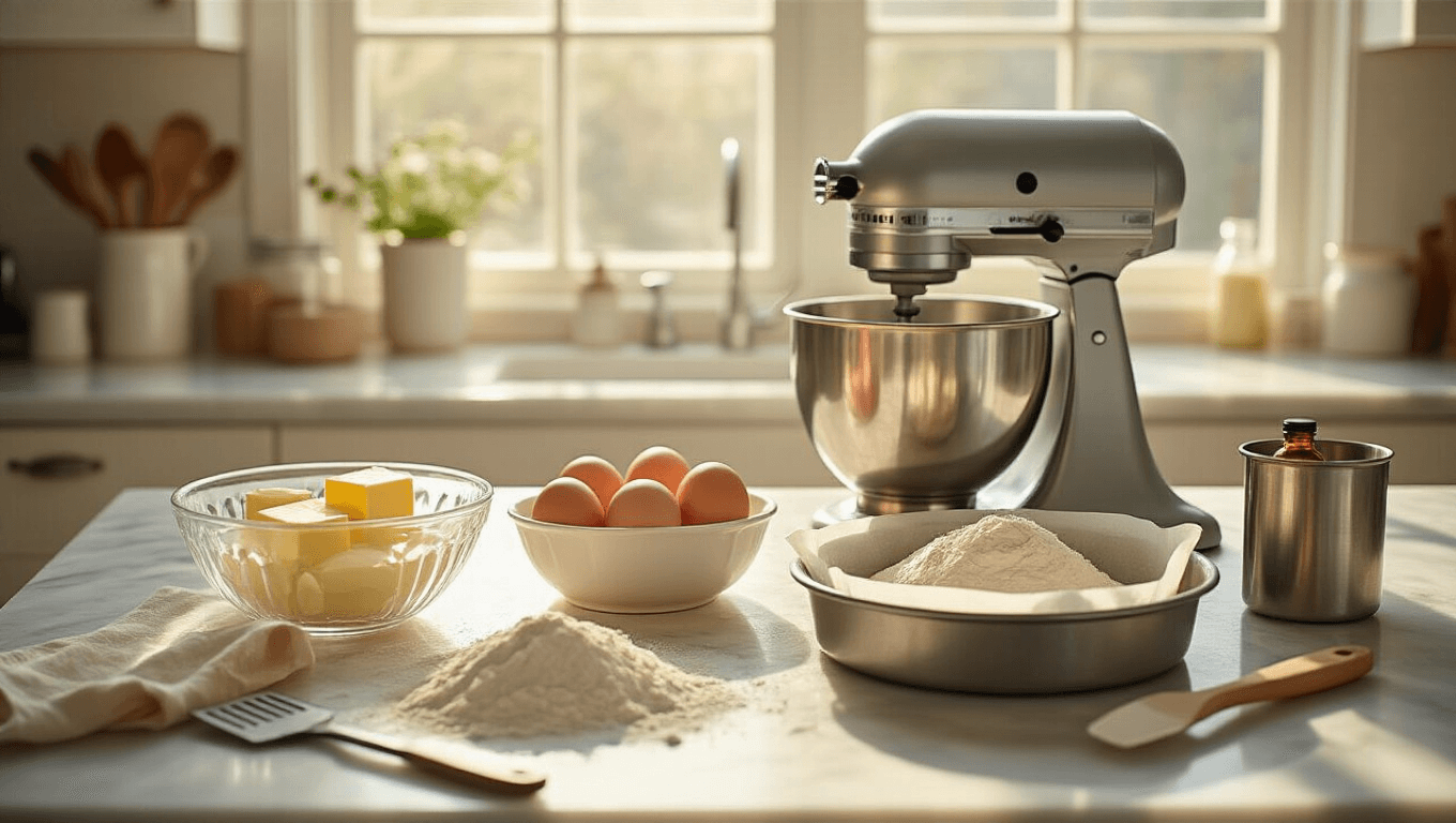 A bright kitchen scene featuring baking ingredients for a vanilla cake, including softened butter, farm-fresh eggs, and flour, with a stand mixer, cake pan, and baking tools arranged artfully on a marble countertop, illuminated by morning sunlight.
