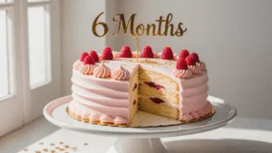 Elegant half-moon shaped celebration cake with pastel pink buttercream frosting, white rosettes, fresh raspberries, and a gold "6 months" topper on a matte white ceramic stand, captured in soft natural light with a blurred dessert table background.
