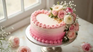 Photorealistic overhead view of an elegant heart-shaped birthday cake with pink ombré buttercream, adorned with Swiss meringue rosettes and fresh florals, displayed on a silver pedestal against a cream marble background.