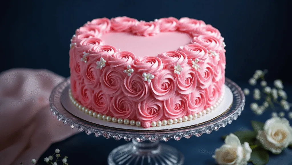 Photorealistic heart-shaped pink rosette cake on a crystal pedestal, against a dark navy backdrop, featuring ombré piped buttercream, sugar pearls, and white sugar flowers, captured with dramatic lighting and shallow depth of field.