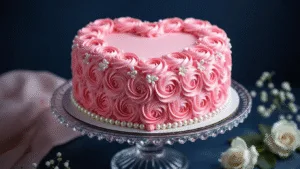 Heart Birthday Cake: The Ultimate Celebration Centerpiece Photorealistic heart-shaped pink rosette cake on a crystal pedestal, against a dark navy backdrop, featuring ombré piped buttercream, sugar pearls, and white sugar flowers, captured with dramatic lighting and shallow depth of field.