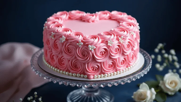 Photorealistic heart-shaped pink rosette cake on a crystal pedestal, against a dark navy backdrop, featuring ombré piped buttercream, sugar pearls, and white sugar flowers, captured with dramatic lighting and shallow depth of field.