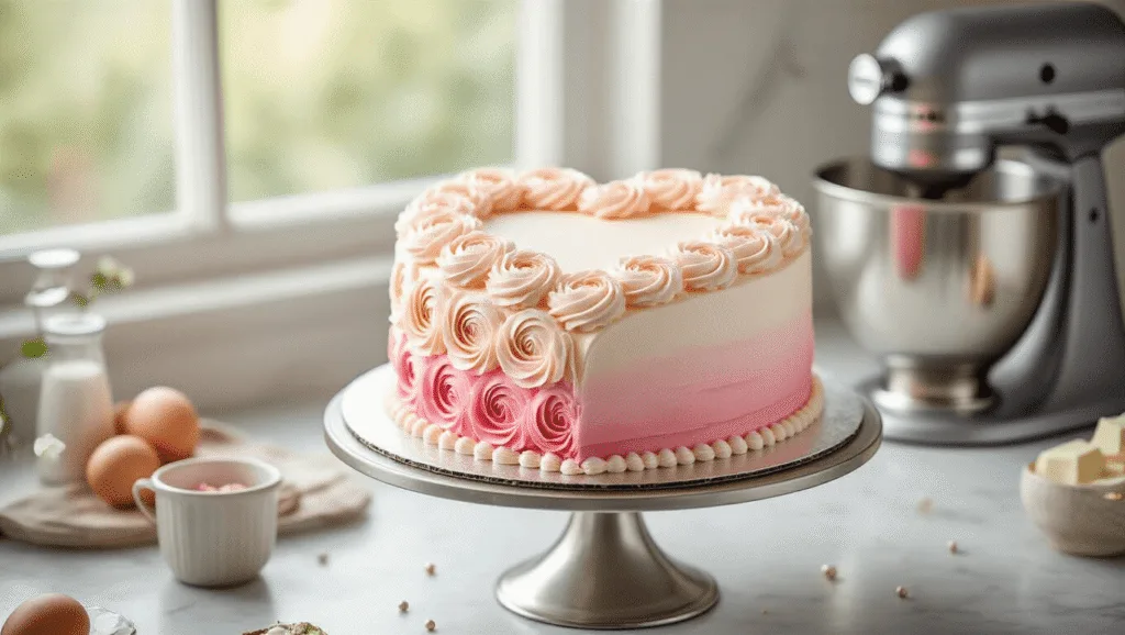 Photorealistic heart-shaped cake with pink ombré buttercream and white rosettes on a silver stand, set against a soft-focus marble background, featuring fresh sugar flowers and a warm, inviting atmosphere.