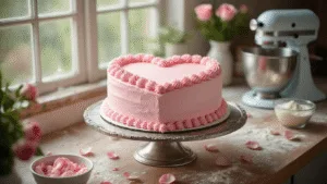 Photorealistic close-up of a heart-shaped pink birthday cake on an antique silver stand, surrounded by fresh rose petals in a rustic kitchen workspace with natural light, featuring a thoughtfully arranged mise en place and a marble countertop dusted with flour.