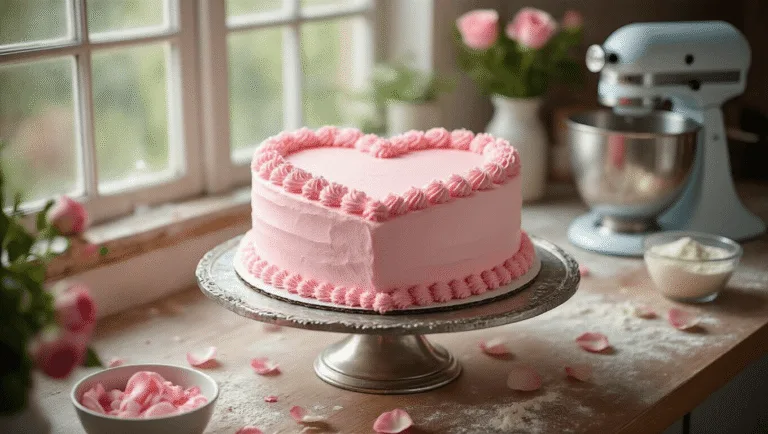 Photorealistic close-up of a heart-shaped pink birthday cake on an antique silver stand, surrounded by fresh rose petals in a rustic kitchen workspace with natural light, featuring a thoughtfully arranged mise en place and a marble countertop dusted with flour.