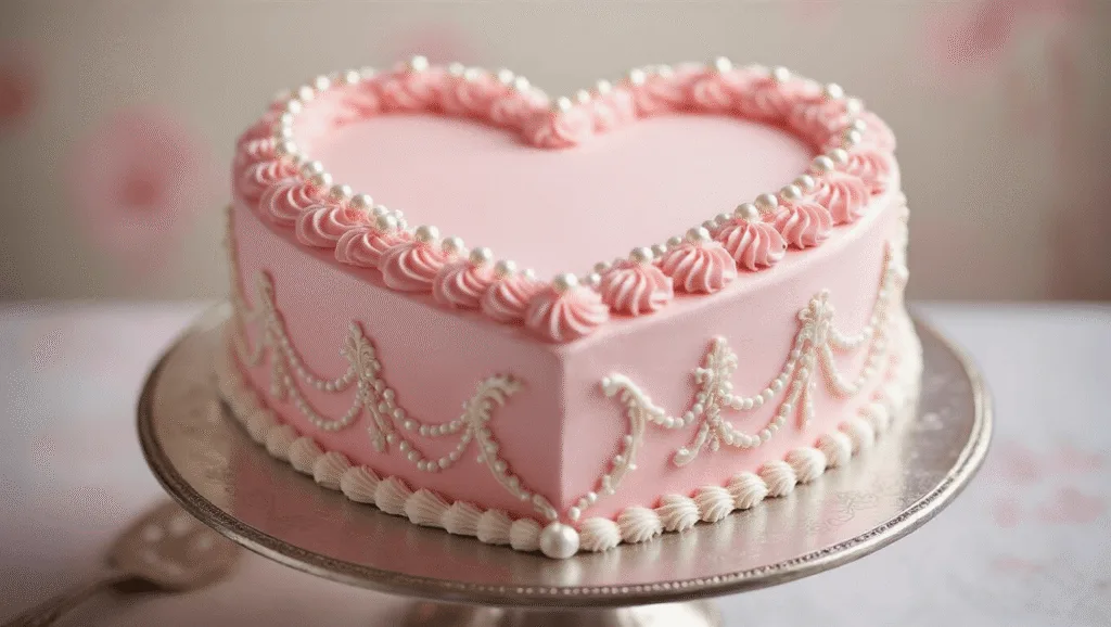 Elegant heart-shaped cake with pink ombré buttercream, intricate white royal icing piping, silver dragées, and sugar pearls, displayed on a vintage silver cake stand, captured in soft natural lighting with a blurred pastel background.