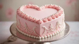 Elegant heart-shaped cake with pink ombré buttercream, intricate white royal icing piping, silver dragées, and sugar pearls, displayed on a vintage silver cake stand, captured in soft natural lighting with a blurred pastel background.