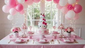 A beautifully arranged Hello Kitty-themed birthday party setup featuring a white table with a pink tablecloth, adorned with Hello Kitty plates, rose gold cutlery, a tiered cake, and balloon clusters, all captured in soft natural light with a dreamy bokeh effect.