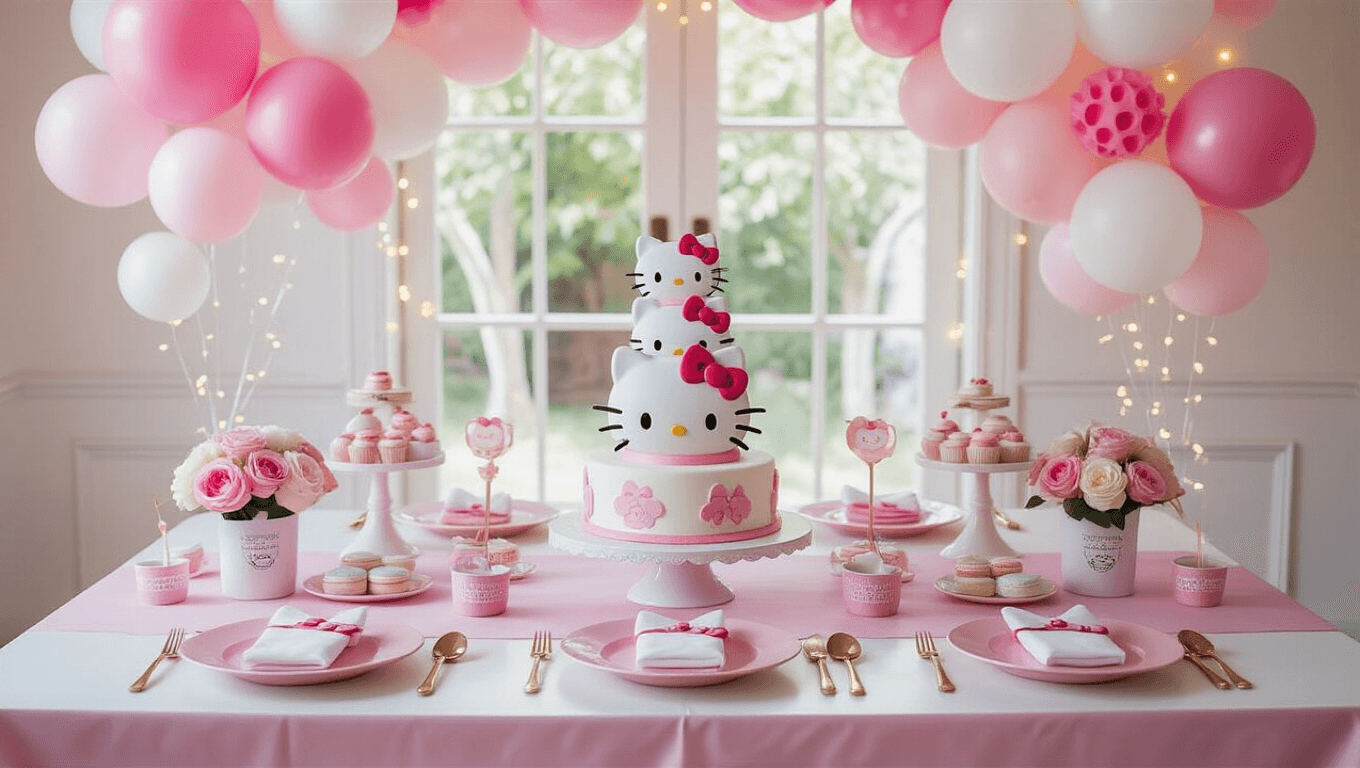 A beautifully arranged Hello Kitty-themed birthday party setup featuring a white table with a pink tablecloth, adorned with Hello Kitty plates, rose gold cutlery, a tiered cake, and balloon clusters, all captured in soft natural light with a dreamy bokeh effect.