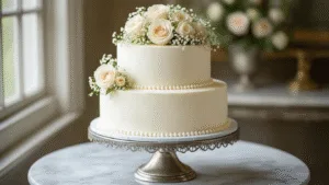 A pristine two-tier white wedding cake on an antique silver stand, elegantly decorated with vanilla buttercream, pearl piping, and fresh garden roses, photographed with soft natural lighting on a marble surface with blurred vintage background and scattered rose petals.