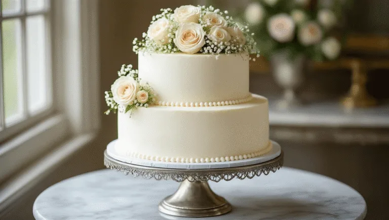 A pristine two-tier white wedding cake on an antique silver stand, elegantly decorated with vanilla buttercream, pearl piping, and fresh garden roses, photographed with soft natural lighting on a marble surface with blurred vintage background and scattered rose petals.