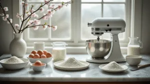 A beautifully styled preparation scene for Korean cloud cake, featuring fresh ingredients on a marble countertop, professional kitchen equipment, and a soft focus background of cherry blossoms, all captured in soft natural lighting.