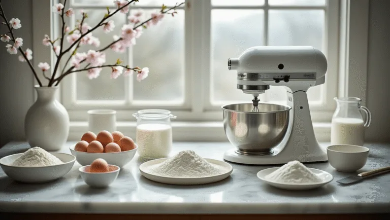 A beautifully styled preparation scene for Korean cloud cake, featuring fresh ingredients on a marble countertop, professional kitchen equipment, and a soft focus background of cherry blossoms, all captured in soft natural lighting.
