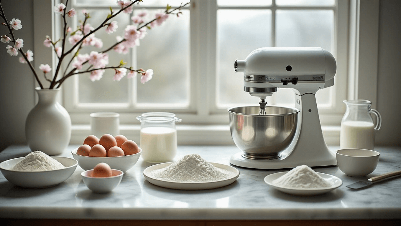 A beautifully styled preparation scene for Korean cloud cake, featuring fresh ingredients on a marble countertop, professional kitchen equipment, and a soft focus background of cherry blossoms, all captured in soft natural lighting.