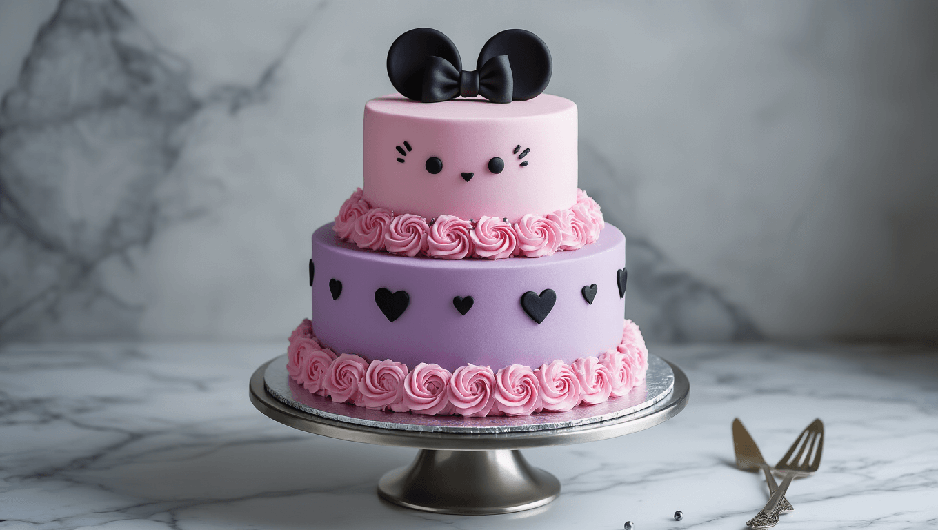 A luxurious three-tiered Kuromi-themed birthday cake adorned with lavender Swiss meringue buttercream, pink rosette borders, fondant Kuromi ears and bow, and scattered silver pearls on a silver cake stand against a gray marble backdrop.