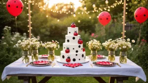 A whimsical ladybug-themed garden party featuring a rustic picnic table dressed in red and black polka dot decor, with mason jars of flowers, a stunning three-tiered cake, fairy lights, and playful ladybug decorations, all illuminated by warm golden hour sunlight.