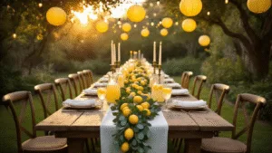 A beautifully styled garden party scene at twilight, featuring a rustic wooden table adorned with lemons, eucalyptus garlands, vintage candelabras, and sparkling lemonade, complemented by warm cafe lights and pastel decorations.