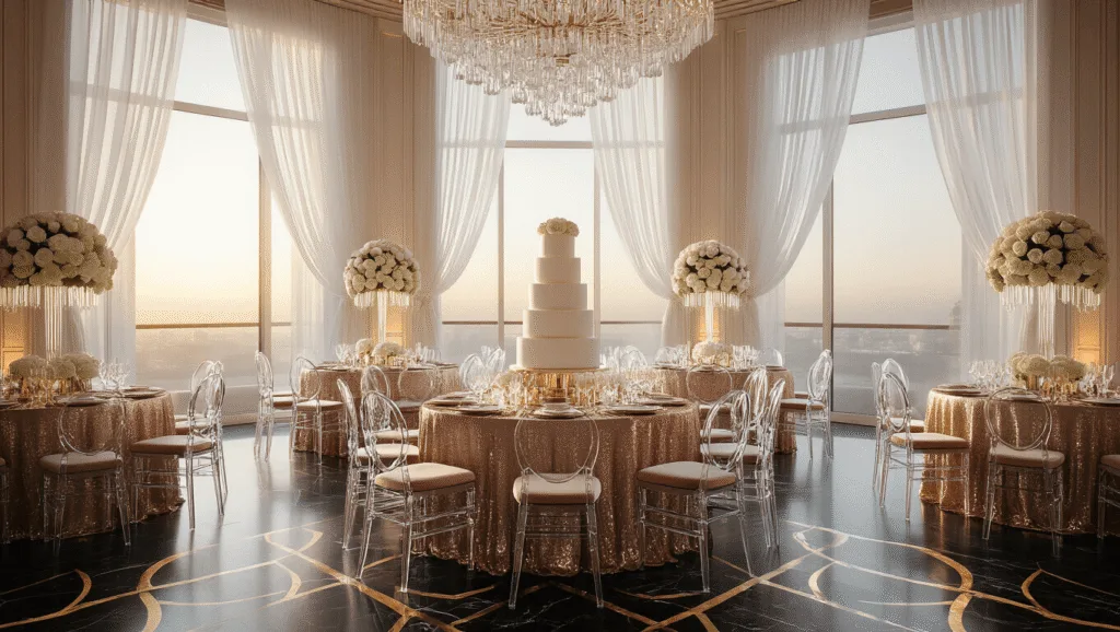 Opulent hotel ballroom at golden hour with champagne-gold sequined tables, crystal candelabras, modern ghost chairs, a grand 4-tier cake, and a black marble dance floor, all illuminated by warm amber uplighting and crystal chandeliers.