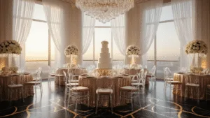 Opulent hotel ballroom at golden hour with champagne-gold sequined tables, crystal candelabras, modern ghost chairs, a grand 4-tier cake, and a black marble dance floor, all illuminated by warm amber uplighting and crystal chandeliers.
