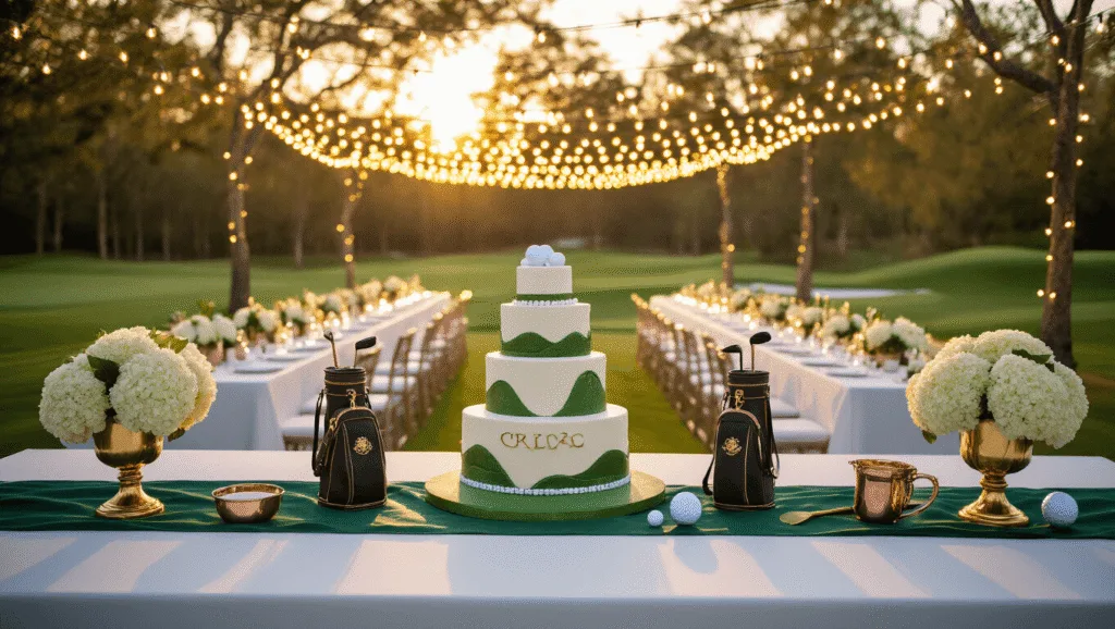 A hyperrealistic photograph of an elegant outdoor golf-themed birthday celebration during golden hour, featuring banquet tables with white linens and green silk runners, antique trophy centerpieces, fairy lights overhead, a custom golf bag-shaped cocktail bar, and a stunning 3-tiered cake designed as a miniature golf course, captured with soft bokeh and professional lighting.