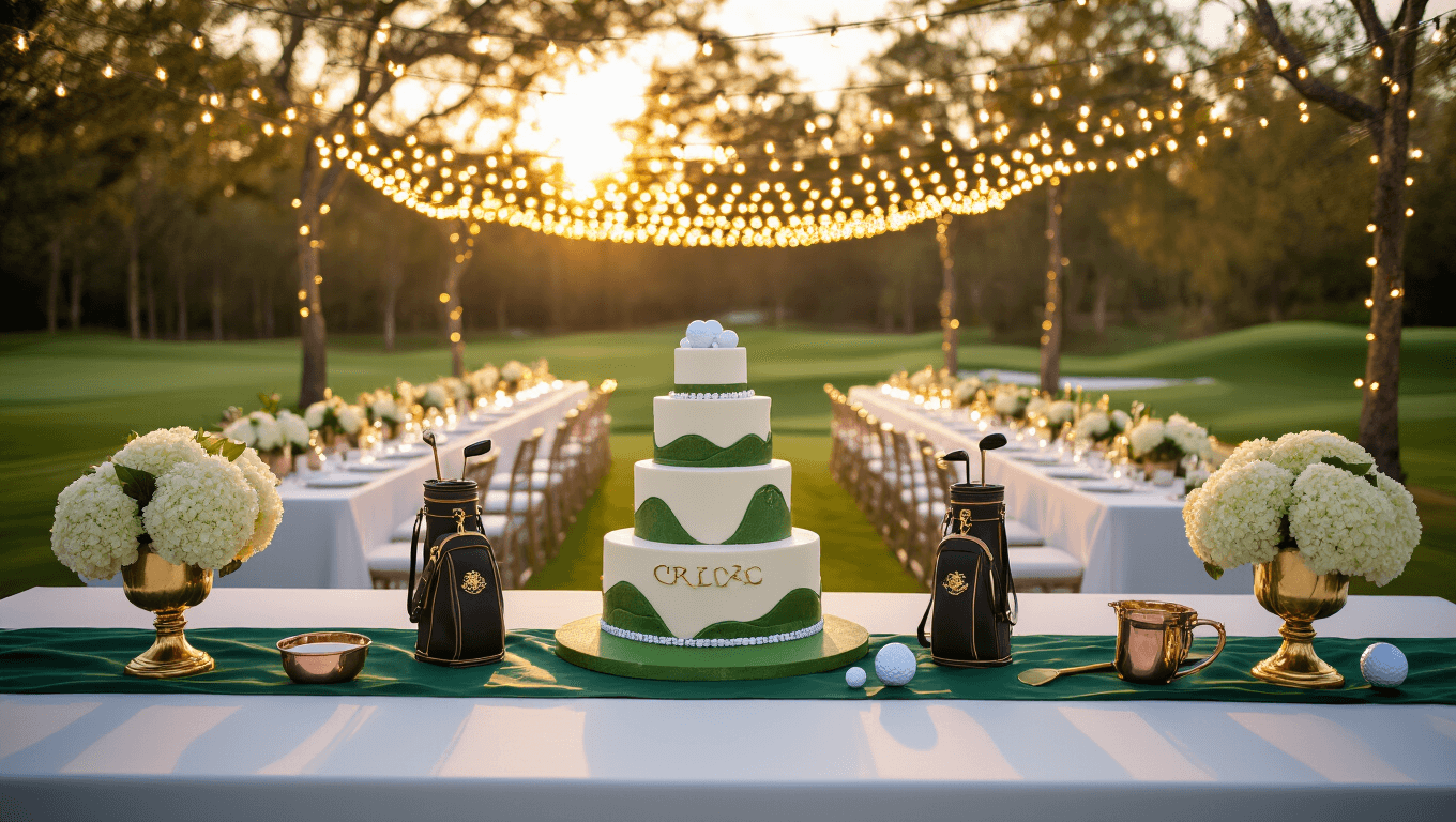 A hyperrealistic photograph of an elegant outdoor golf-themed birthday celebration during golden hour, featuring banquet tables with white linens and green silk runners, antique trophy centerpieces, fairy lights overhead, a custom golf bag-shaped cocktail bar, and a stunning 3-tiered cake designed as a miniature golf course, captured with soft bokeh and professional lighting.