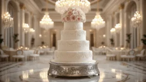 A photorealistic, 6-tier luxury wedding cake adorned with intricate lace patterns, cascading sugar flowers, and gold leaf accents, displayed in an elegant ballroom under crystal chandeliers, reflecting on a polished marble floor.