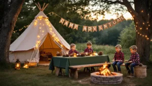 A magical twilight backyard camping party scene featuring a rustic wooden table with pinecone centerpieces, a canvas tent adorned with fairy lights, children roasting marshmallows around a stone fire pit, and twinkling string lights overhead, all bathed in warm golden hour lighting.