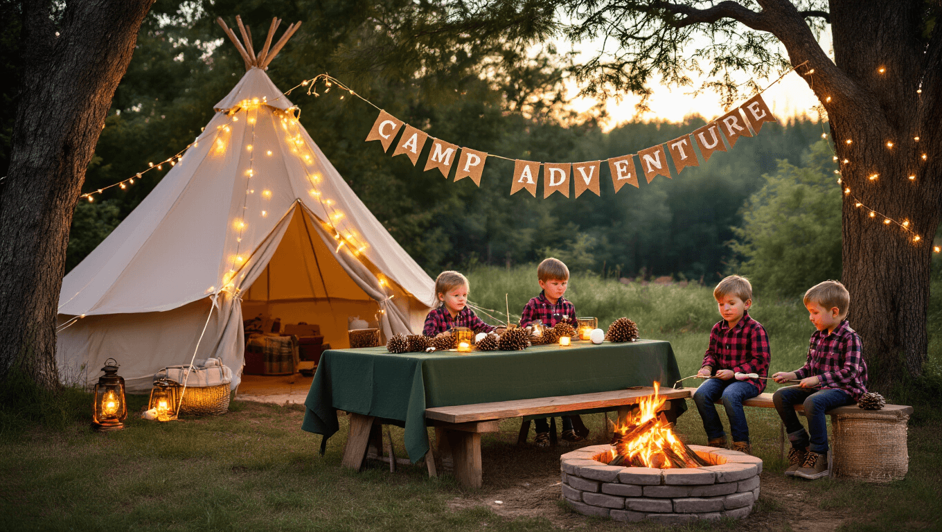 A magical twilight backyard camping party scene featuring a rustic wooden table with pinecone centerpieces, a canvas tent adorned with fairy lights, children roasting marshmallows around a stone fire pit, and twinkling string lights overhead, all bathed in warm golden hour lighting.