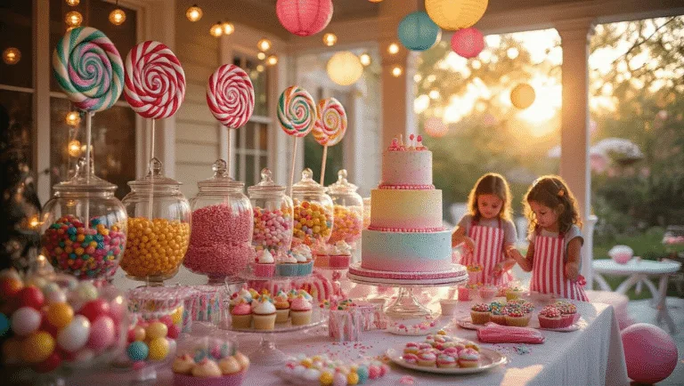 Photorealistic candy-themed birthday party setup featuring a grand buffet table with colorful candies, a towering pastel cake, children decorating treats, string lights, and a vibrant photo booth, all captured in warm golden hour lighting.