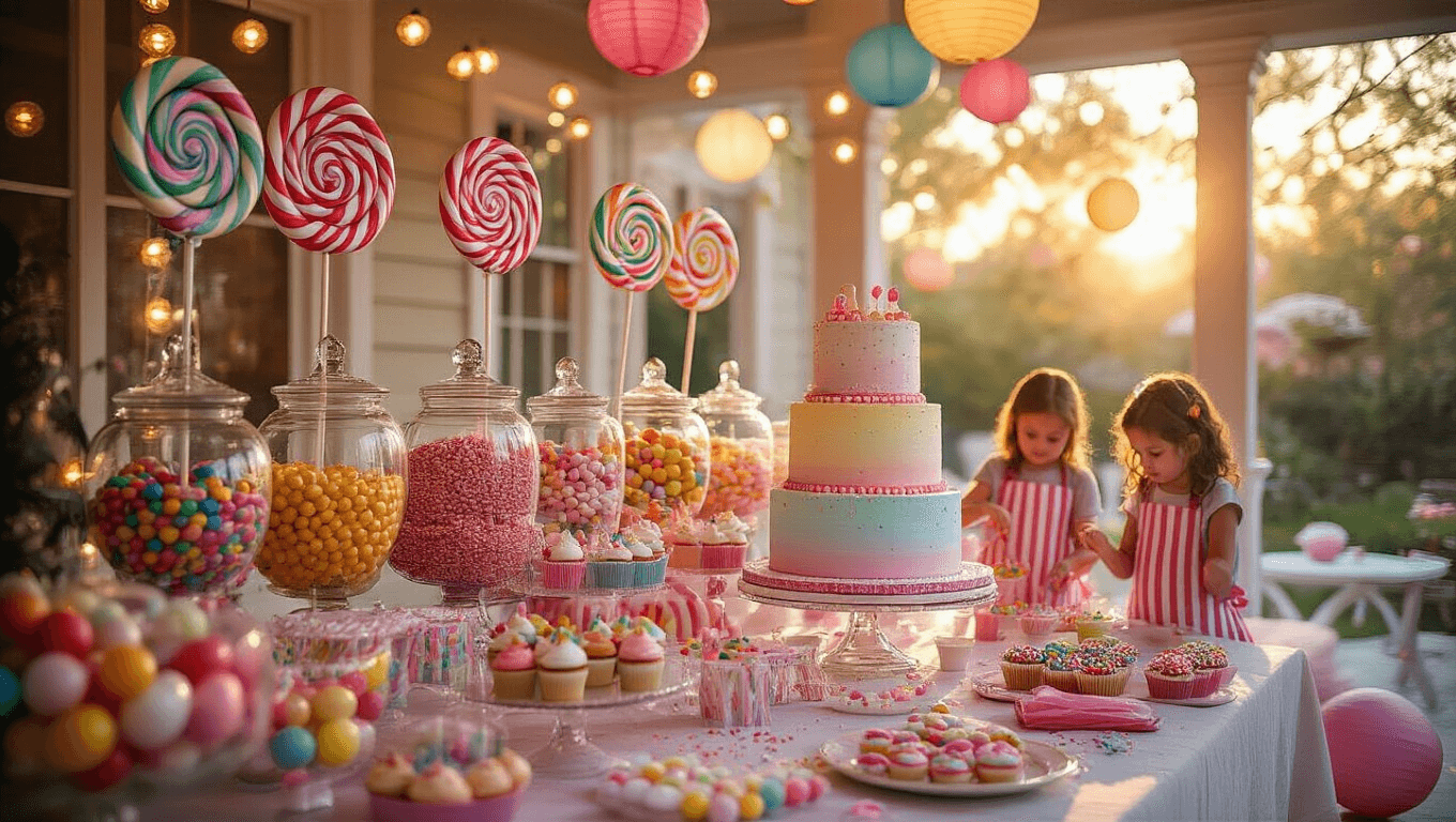 Photorealistic candy-themed birthday party setup featuring a grand buffet table with colorful candies, a towering pastel cake, children decorating treats, string lights, and a vibrant photo booth, all captured in warm golden hour lighting.