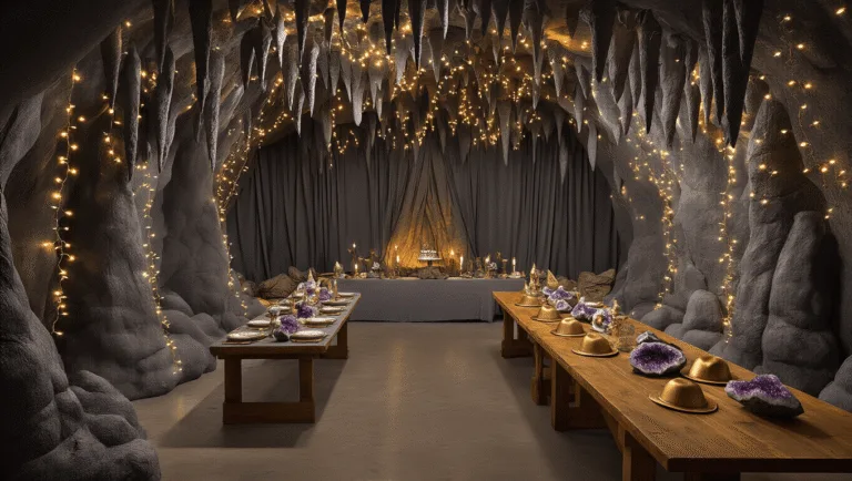 A transformed living room into a magical cave setting, featuring dramatic amber lighting, fairy lights, cardboard stalactites and stalagmites, a banquet table with stone-textured linens and amethyst geodes, bat decorations, and a dessert cart with a towering chocolate rock cake.