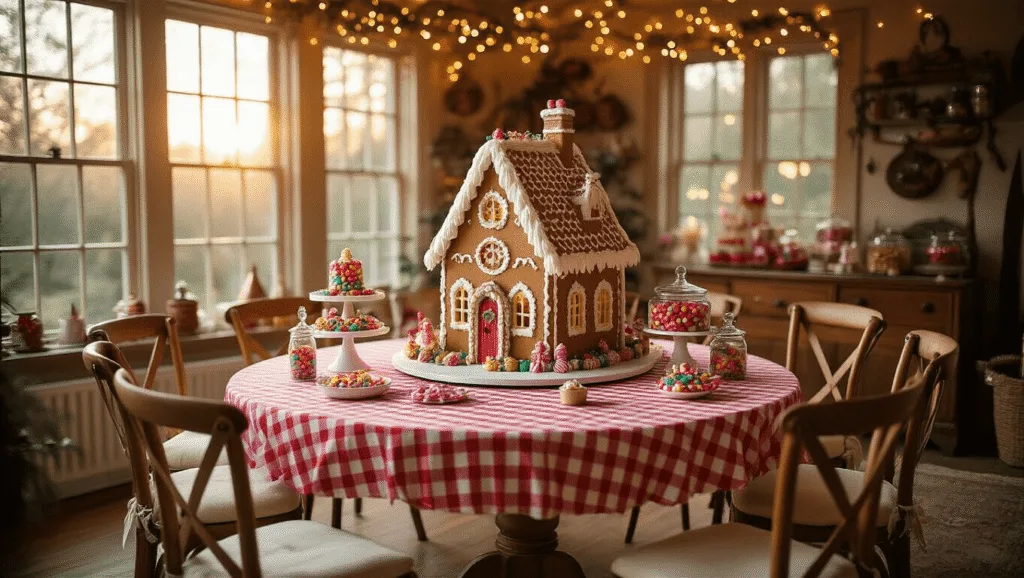 A whimsical gingerbread-themed birthday party setup in a cozy living room, featuring a grand circular table with a Victorian-style gingerbread house, colorful candies, and vintage decor, illuminated by warm fairy lights during golden hour.