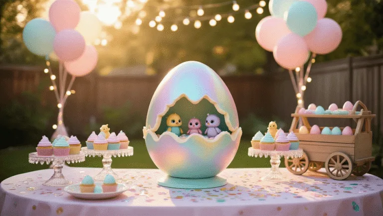 A whimsical backyard birthday party scene featuring a pastel tablescape with speckled egg patterns, an egg-shaped cake with iridescent frosting, pastel cupcakes on crystal stands, and sparkly confetti, all under a canopy of string lights during golden hour.