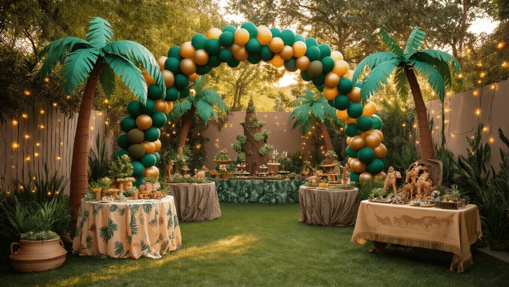 A photorealistic backyard birthday party scene transforms into a magical jungle, featuring DIY palm trees, a grand balloon arch, vine garlands with fairy lights, round tables with safari animal centerpieces, a treasure map station, and children engaged in craft activities, all illuminated by warm golden hour sunlight.