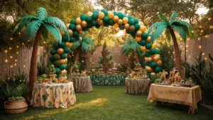 A photorealistic backyard birthday party scene transforms into a magical jungle, featuring DIY palm trees, a grand balloon arch, vine garlands with fairy lights, round tables with safari animal centerpieces, a treasure map station, and children engaged in craft activities, all illuminated by warm golden hour sunlight.