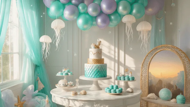 A sunlit living room transformed into an underwater paradise, featuring iridescent pastel balloon garlands, a luxurious dessert table with a two-tier mermaid scale cake, seashell macarons, and ombré cupcakes, alongside handcrafted paper jellyfish lanterns, a themed photo booth, and a cozy teepee reading nook.