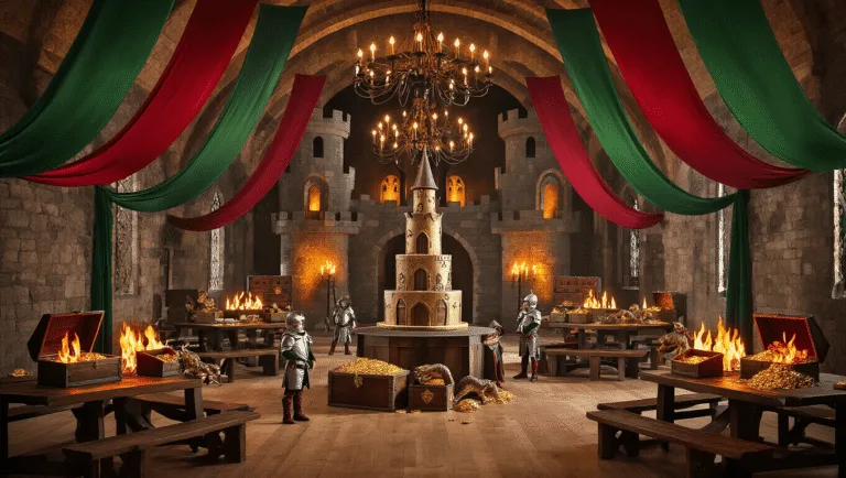 A grand medieval ballroom decorated for a dragon-themed birthday party, featuring emerald green and crimson banners, rustic feast tables with flame centerpieces, a castle turret cake, and children in knight costumes playing amidst the festive atmosphere.