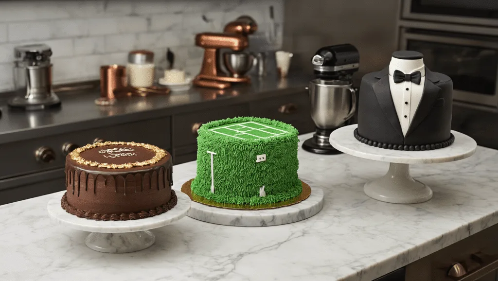 A cinematic wide shot of a modern professional kitchen showcasing three distinctive men's birthday cakes on marble stands: a chocolate whiskey cake with gold leaf, a football field cake with green buttercream, and a tuxedo cake with black fondant. Cooking equipment, ingredients, and dramatic lighting add depth to the photorealistic scene.