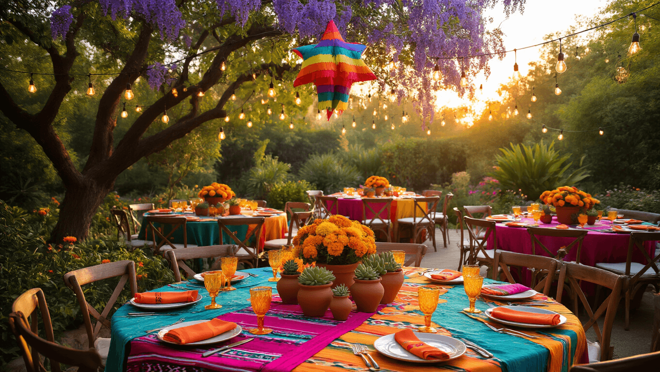 A vibrant Mexican fiesta scene in a lush garden at sunset, featuring round tables with colorful serape runners, handcrafted paper flowers, and terracotta pots. Overhead, papel picado banners and warm Edison bulbs create a festive atmosphere, while a rainbow star-shaped piñata hangs from a jacaranda tree. A rustic bar showcases tequila and lemon, with lanterns casting a warm glow, all enveloped in a soft, golden light.