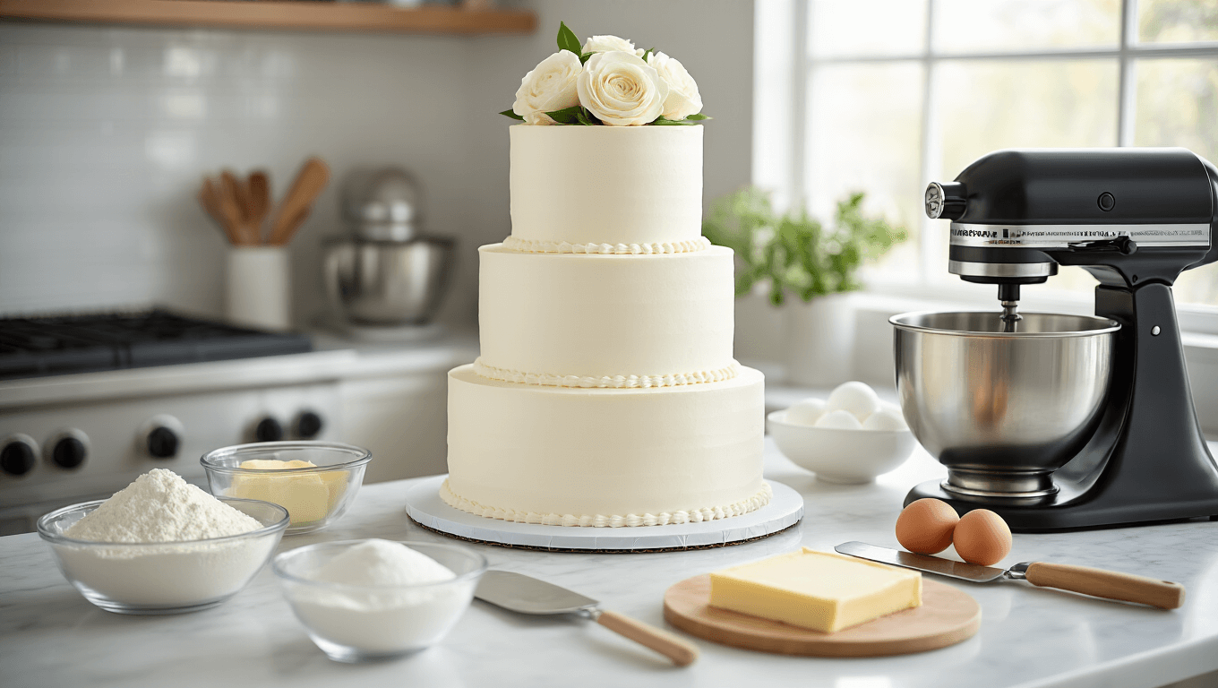 A bright professional kitchen with a pristine marble countertop, featuring a three-tier white wedding cake with sharp edges and smooth buttercream finish, surrounded by organized ingredients in glass bowls and essential baking tools, illuminated by natural light.