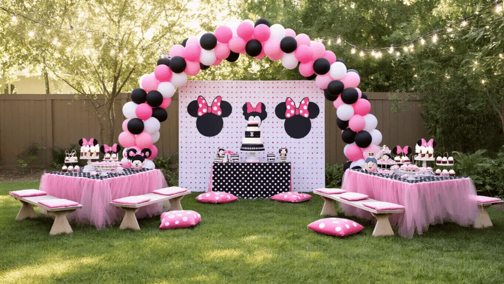 A whimsical backyard birthday party setup featuring a pink, black, and white polka dot balloon arch, picnic tables with pink tulle tablecloths, cushions, a DIY photo booth with Minnie ears, fairy lights, and a dessert table with a tiered cake, Mickey-shaped macarons, and bow-topped cupcakes.