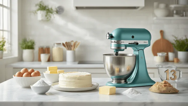 A modern kitchen counter with a pristine white marble surface, featuring a metallic teal KitchenAid stand mixer and neatly arranged baking ingredients for a teen's birthday cake, including eggs, butter, flour, sugar, and a '13' cake topper, all bathed in natural light.