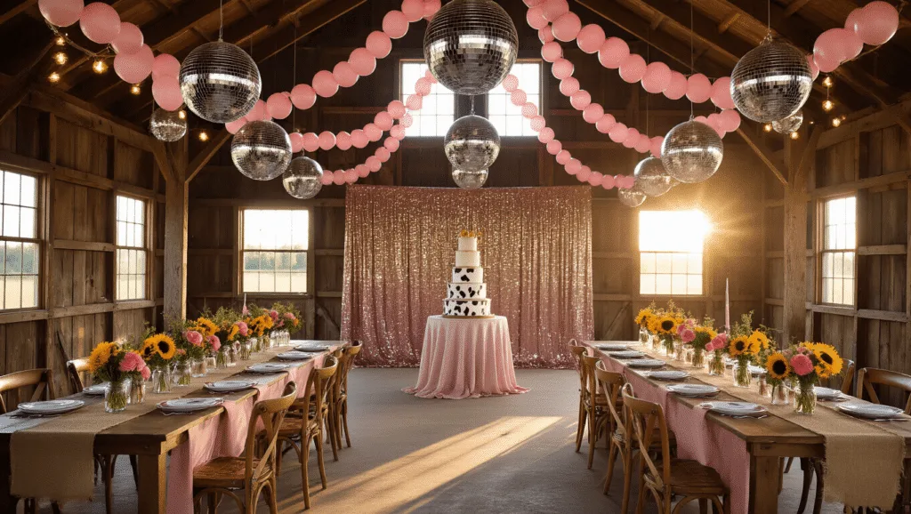 A glamorous cowgirl disco-themed barn interior with disco balls, pink balloon garlands, farmhouse tables dressed in blush pink linens, mason jar centerpieces, string lights, a tiered cake with cowboy boots, and Western decorations, all illuminated by warm golden hour light.