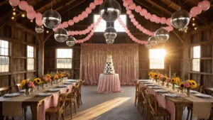 Yeehaw Chic: The Ultimate Guide to a Cowgirl Birthday Party That'll Make Everyone Say "Wow!" A glamorous cowgirl disco-themed barn interior with disco balls, pink balloon garlands, farmhouse tables dressed in blush pink linens, mason jar centerpieces, string lights, a tiered cake with cowboy boots, and Western decorations, all illuminated by warm golden hour light.