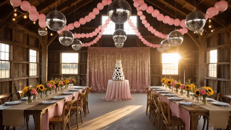 A glamorous cowgirl disco-themed barn interior with disco balls, pink balloon garlands, farmhouse tables dressed in blush pink linens, mason jar centerpieces, string lights, a tiered cake with cowboy boots, and Western decorations, all illuminated by warm golden hour light.