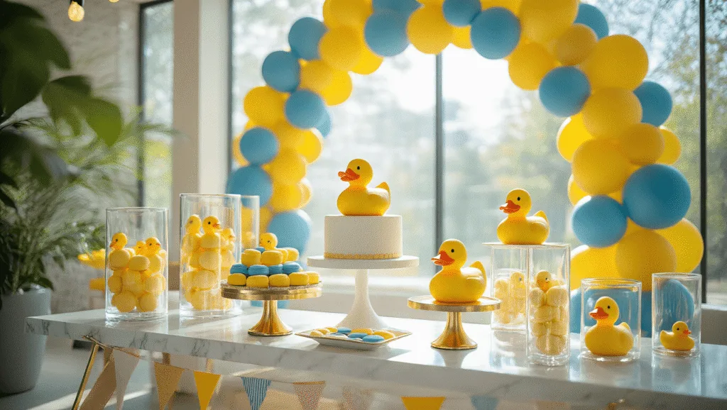 Photorealistic image of a whimsical rubber duck-themed party setup in a modern interior, featuring a marble dessert table, geometric balloon arch, duck-shaped macarons, a white two-tier cake with a golden rubber duck topper, illuminated floating rubber ducks, ghost chairs with yellow cushions, and a "SPLASH!" neon sign, all enhanced by soft natural lighting and cool blue uplighting.
