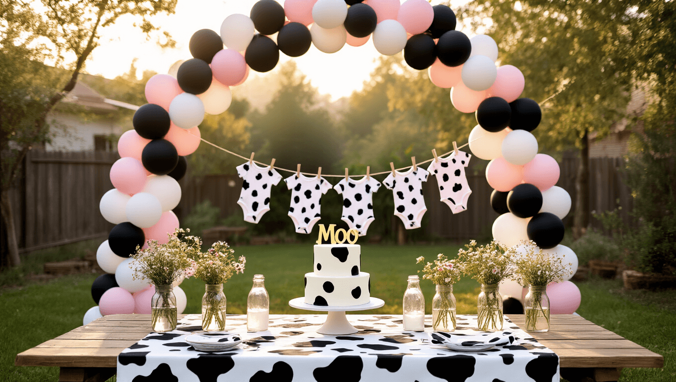 A charming backyard birthday party setup featuring a rustic picnic table with a black and white cow print tablecloth, under a DIY balloon arch in black, white, and soft pink. The elegant white tiered cake with black spots is topped with a gold "MOO" cake topper, surrounded by vintage milk bottles filled with wildflowers. A clothesline with cow print onesies and fairy lights provide a whimsical backdrop, with decorative hay bales, plush cow toys, and mason jar centerpieces enhancing the festive atmosphere.
