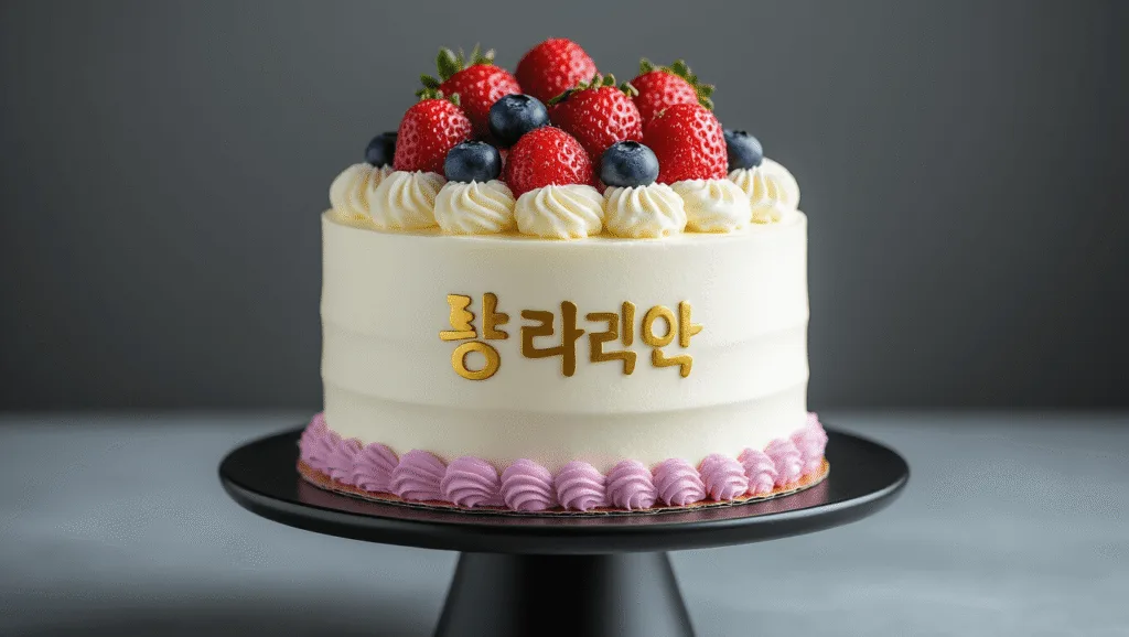 Photorealistic image of a three-tiered modern Korean cream cake with whipped cream exterior, pastel pink and lavender piping, topped with fresh strawberries and blueberries, displayed on a black ceramic stand against a neutral grey background, showcasing intricate details and textures with soft natural lighting.
