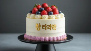 Photorealistic image of a three-tiered modern Korean cream cake with whipped cream exterior, pastel pink and lavender piping, topped with fresh strawberries and blueberries, displayed on a black ceramic stand against a neutral grey background, showcasing intricate details and textures with soft natural lighting.