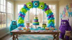 A colorful indoor playroom set up for a monster-themed birthday party, featuring a vibrant balloon arch, a farmhouse-style table with furry monster centerpieces, a three-tiered monster cake, and playful decorations.